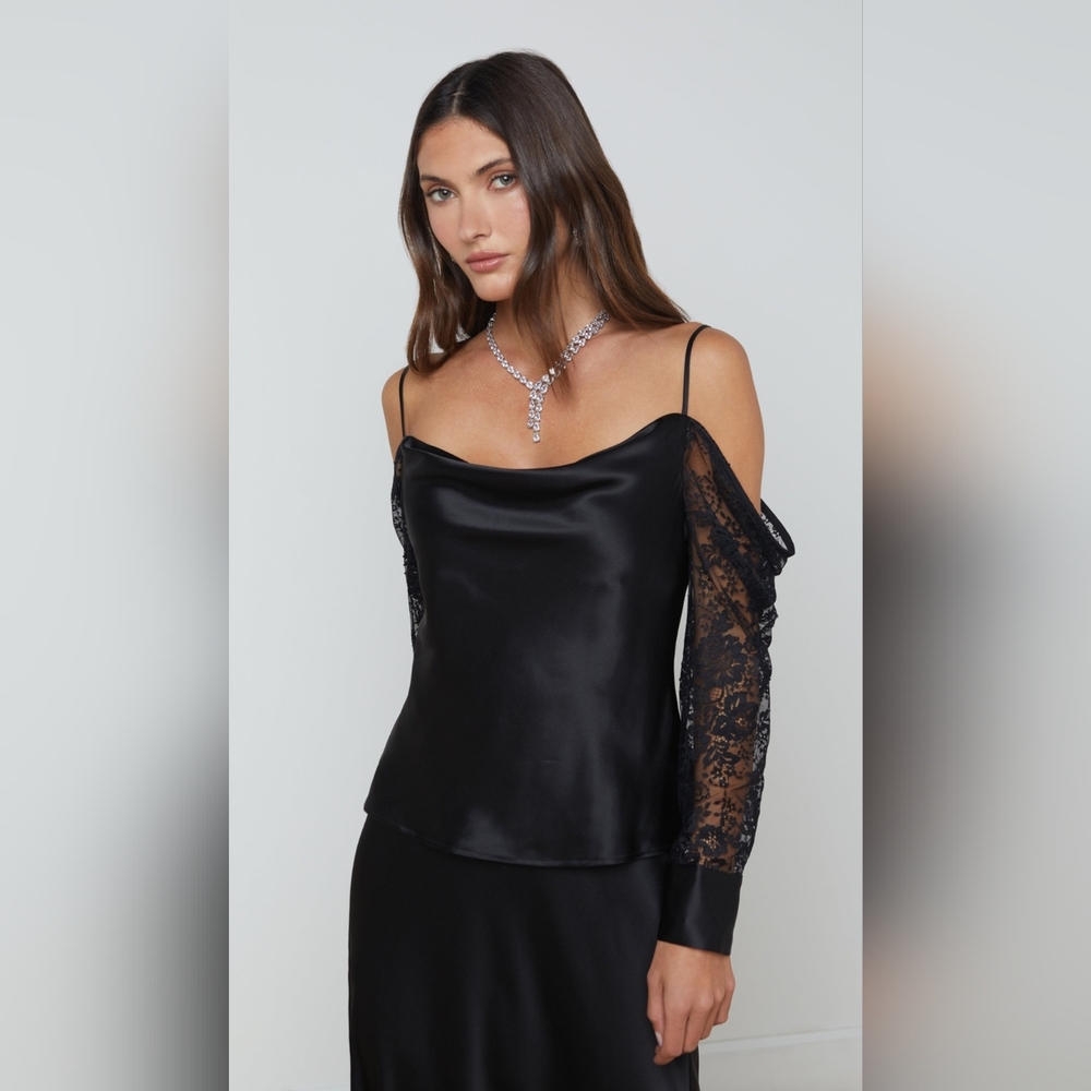 L'AGENCE Zion Off The Shoulder Black Silk Top with Lace Sleeves Xs New